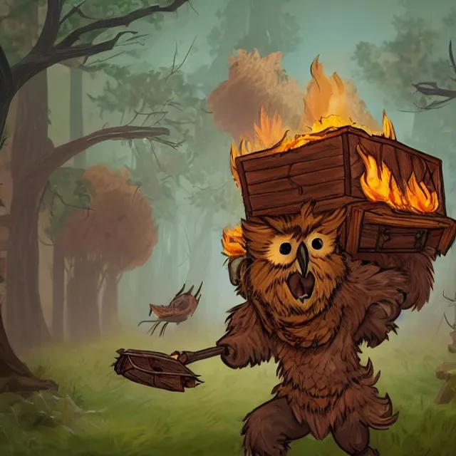 "An owlbear carrying a large treasure chest on her back through a burning forest." (NightCafe)