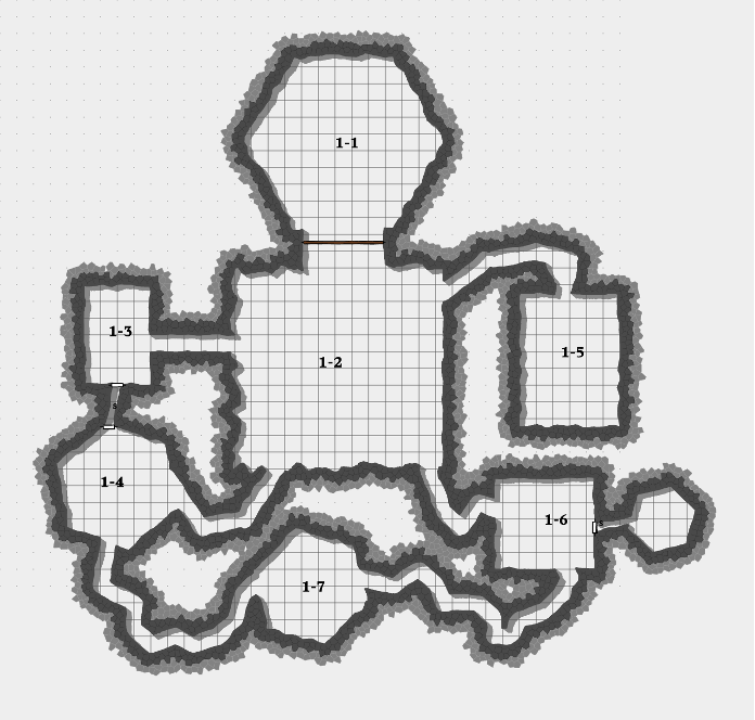 A seven room dungeon layout. The entrance has a door only possible to make with Move Earth, which leads to other areas of the "dungeon" level.

The map walls are squiggly, rather than straight. The image doesn't show that the terrain is in a dense foods, with clearings. I figured the uneven walls would demonstrate that a little better.