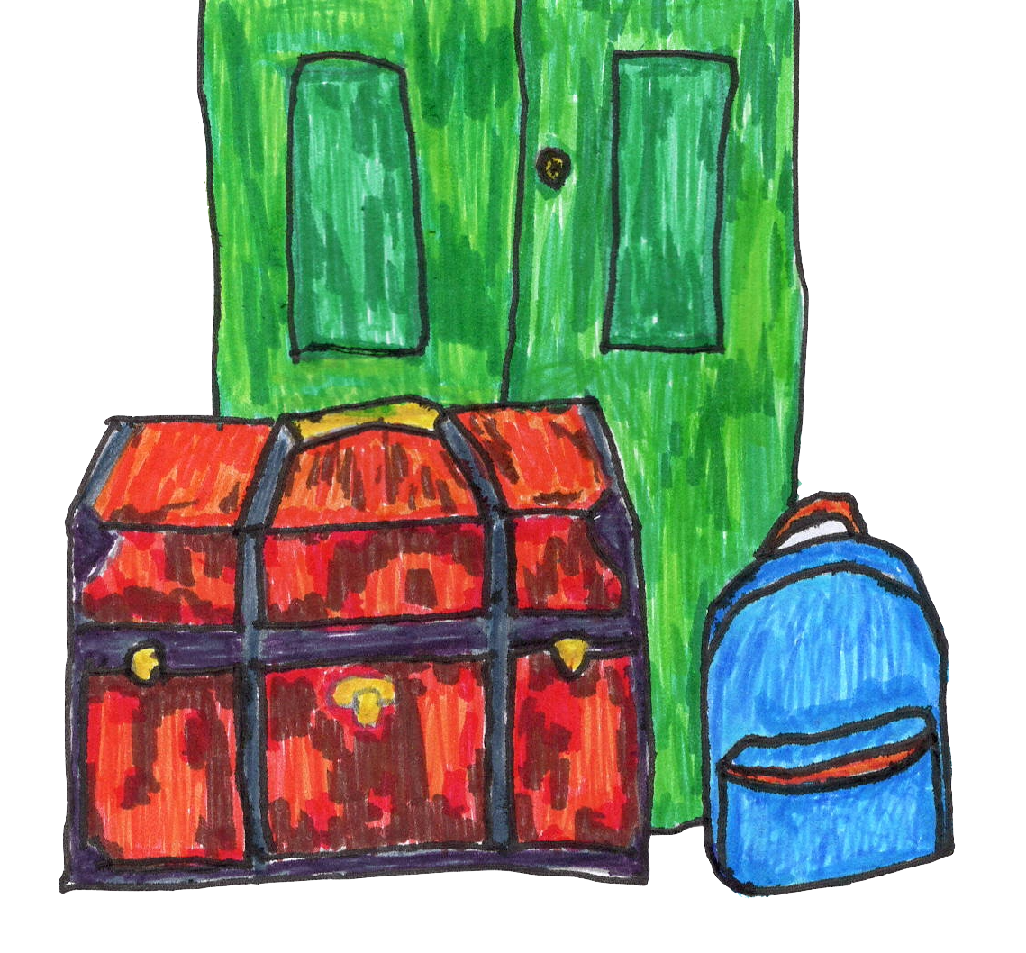 A trunk and packback wait by a door, ready to be taken off on an adventure.

Drawn to the best of Shane's ability, which is to say "crudely but an enjoyable 30 minutes was spent with felt tips".