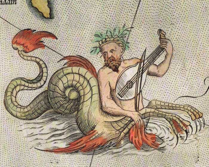 A gentleman playing a lute with a fiddle, except he's half sea-creature. Like a centaur, but if it was a sea dragon instead of a horse.